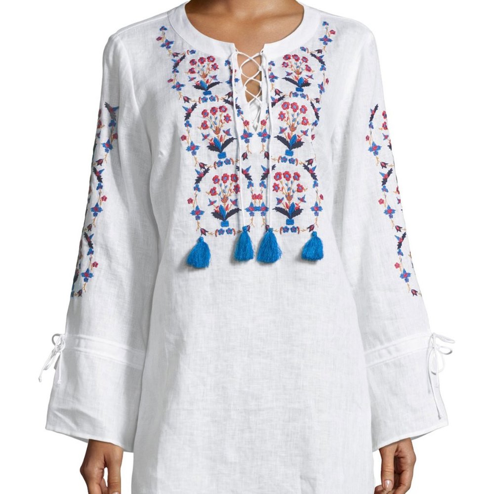 Tory Burch WILDFLOWER LACE-FRONT EMBROIDERED BEACH TUNIC IN WHITE